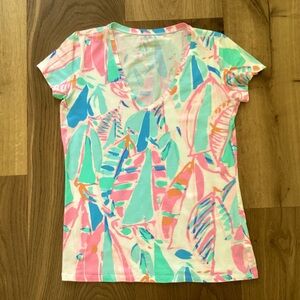 Lilly Pulitzer Michelle V-Neck Top Out to Sea Sailboat Print
